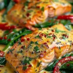 Creamy spinach salmon fillet topped with red pepper, served on a plate.