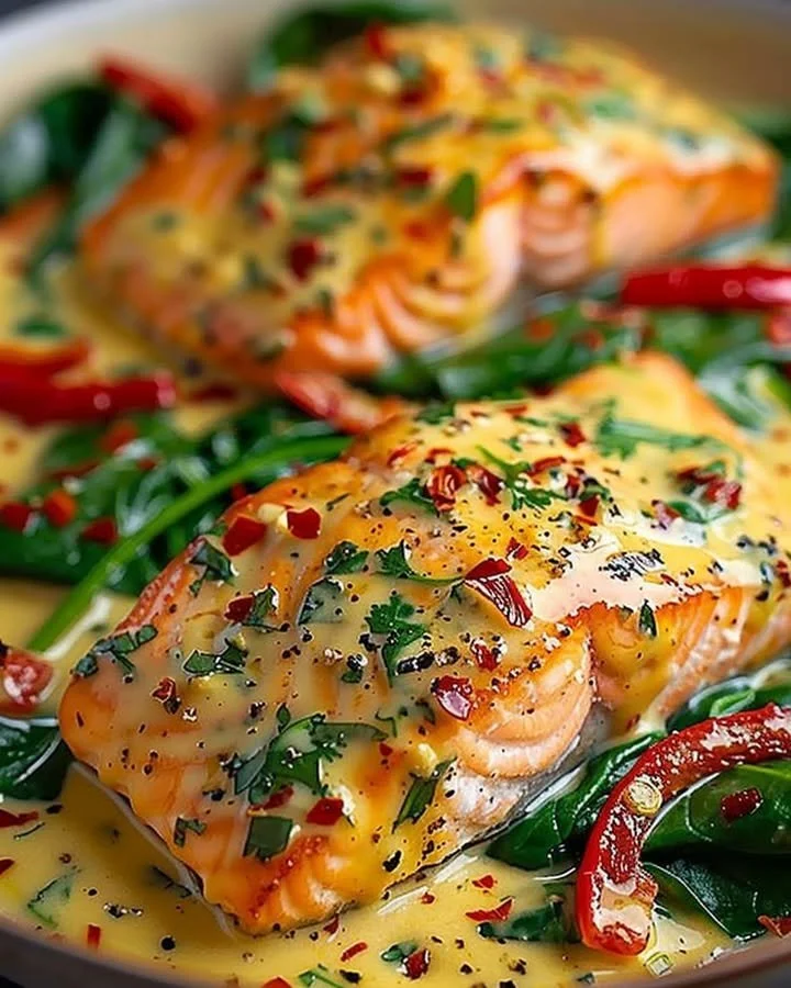 Creamy Spinach Salmon with Red Pepper