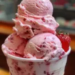 Creamy strawberry ice cream scoop with fresh berries on top