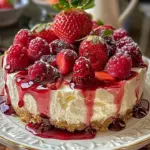 Creamy strawberry swirl cheesecake topped with fresh strawberry slices.