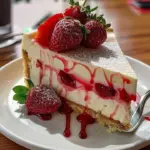 Creamy white chocolate strawberry cheesecake topped with fresh strawberries.