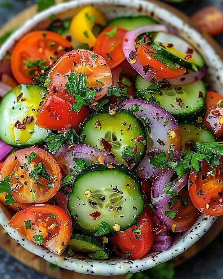 Crisp summer garden salad with fresh vegetables and vibrant colors.