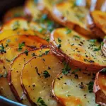 Crispy sliced baked potatoes served on a plate with seasoning