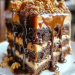 Crunchy Caramel Toffee Cake topped with caramel drizzle and toffee bits