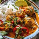 Curry dish featuring Asian chicken meatballs served in a bowl
