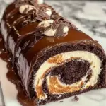 Slice of decadent chocolate cake roll with creamy filling and chocolate icing