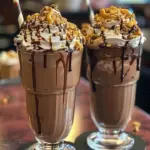 Decadent peanut butter chocolate milkshakes topped with whipped cream and chocolate drizzle