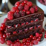 Decadent Raspberry Chocolate Truffle Cake garnished with fresh raspberries and chocolate shavings