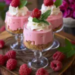 Decadent raspberry mousse cheesecake topped with fresh raspberries and whipped cream.
