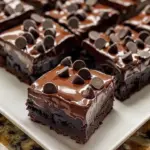 Decadent triple chocolate brownies topped with chocolate chips and cocoa powder
