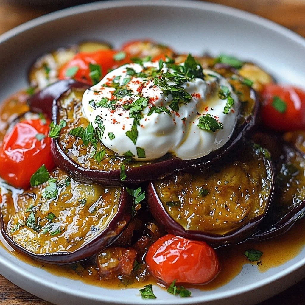 Delicious Eggplant Borani garnished with yogurt and spices