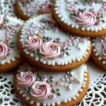Decorated floral iced gingerbread cookies on a rustic wooden table