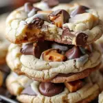 Gooey peanut butter cheesecake cookies with a creamy filling and chocolate drizzle
