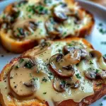 Gourmet cheesy mushroom garlic toasts topped with herbs and melted cheese