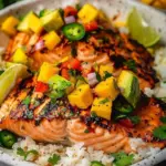 Delicious grilled salmon topped with fresh mango salsa on a plate.