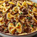 A bowl of Ground Beef Bowtie Pasta topped with herbs and cheese.