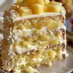 Heavenly Pineapple White Chocolate Cake topped with fresh pineapple and white chocolate shavings