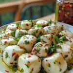 Herbed marinated mozzarella with garlic served on a platter
