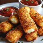 Plate of homemade crispy mozzarella sticks with marinara sauce