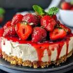 Delicious homemade strawberry cheesecake topping on a creamy dessert