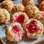 Delicious strawberry cheesecake bites on a white plate with fresh strawberries.