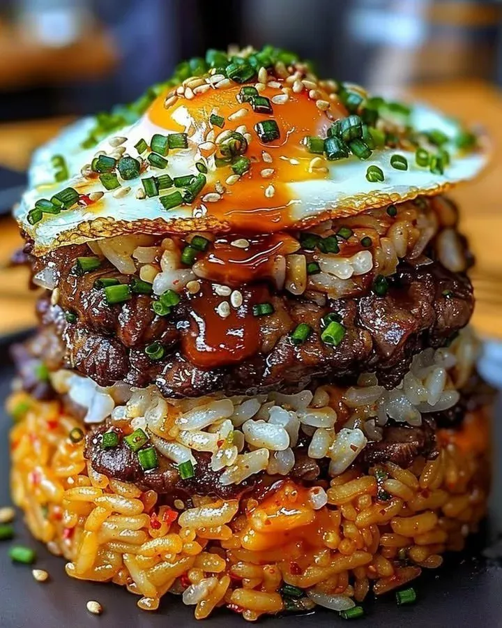Korean BBQ Beef Rice Tower with marinated beef and colorful vegetables