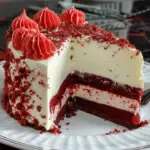 Layered red velvet cheesecake with white chocolate topping and rich layers
