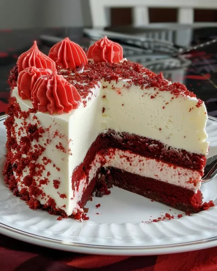 Layered Red Velvet White Chocolate Cheesecake