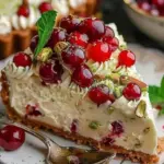 Lemon-Lime Cherry Pistachio Cheesecake slice with vibrant toppings