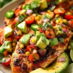Plate of Lime Fiesta Chicken topped with fresh avocado salsa