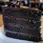 Slice of luscious Midnight Velvet Cake topped with chocolate frosting and berries