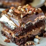 Slice of Mississippi-Style Chocolate Mud Cake topped with chocolate ganache.