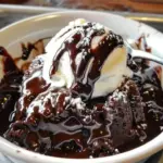 Delicious molten chocolate pudding cake served warm with whipped cream