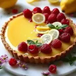 No Bake Lemon Tart with Raspberries topped with fresh raspberries and mint leaves.