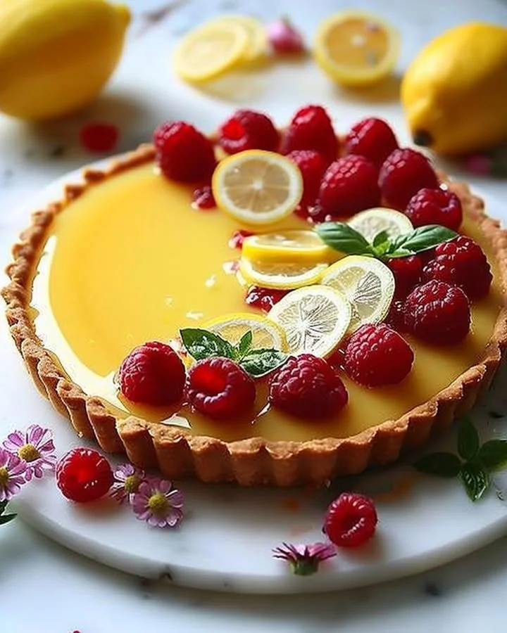 No Bake Lemon Tart with Raspberries