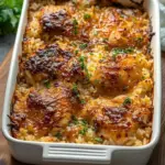 No-Peek Chicken and Rice Bake dish served in a baking dish with herbs.