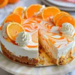 Delicious Orange Creamsicle No-Bake Cheesecake topped with orange slices.