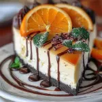 Slice of orange mascarpone cheesecake drizzled with chocolate sauce