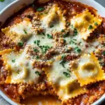 Delicious oven-baked cheesy ravioli casserole topped with melted cheese and sauce.