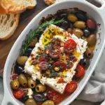 Oven-roasted feta cheese served with fresh tomatoes and olives