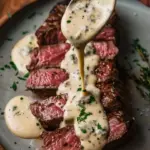 Pan-Seared NY Strip steak topped with Creamy Gorgonzola cheese
