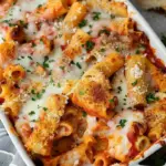 Baked Parmesan Chicken Rigatoni with melted cheese and herbs