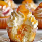 Delicious peach cupcakes topped with peach frosting and fresh peach slices.