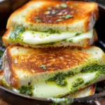 Delicious pesto grilled cheese sandwich on a plate with greenery