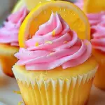 Delicious pink lemonade cupcakes topped with lemon frosting and pink sprinkles.