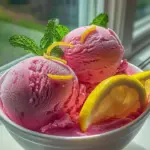 A bowl of pink lemonade sorbet topped with fresh fruit and mint leaves
