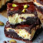 Pistachio cheesecake swirl brownies on a plate with nuts on top