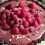 Plant-based raspberry cocoa tart with fresh raspberries and cocoa