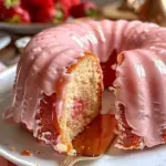 Delicious pound cake with strawberry buttermilk topping on a plate