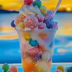 Colorful Rainbow Sherbet Soda Float with vibrant layers of sherbet and soda.